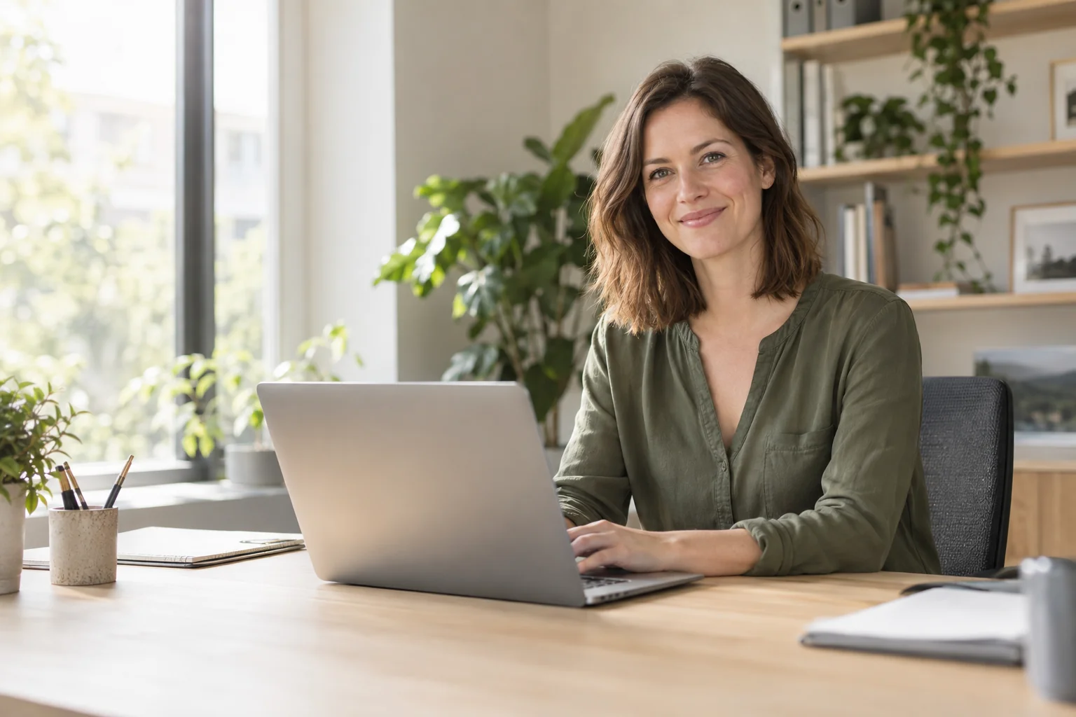 Eine Frau arbeitet am Laptop an einem hellen Schreibtisch mit Pflanzen.