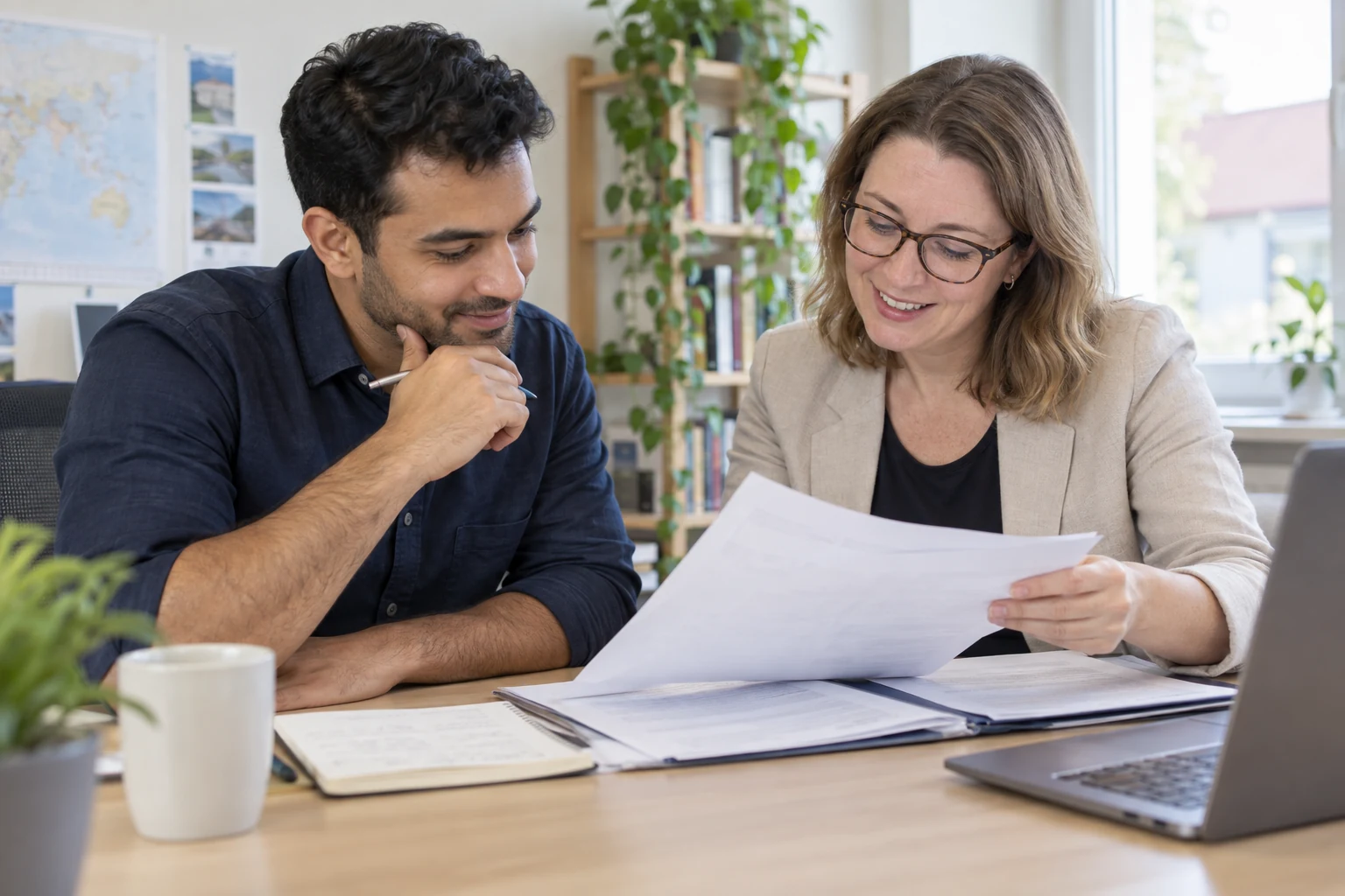 Eine internationale Fachkraft sichtet mit einer Beratungsperson ihre Qualifikationsunterlagen.