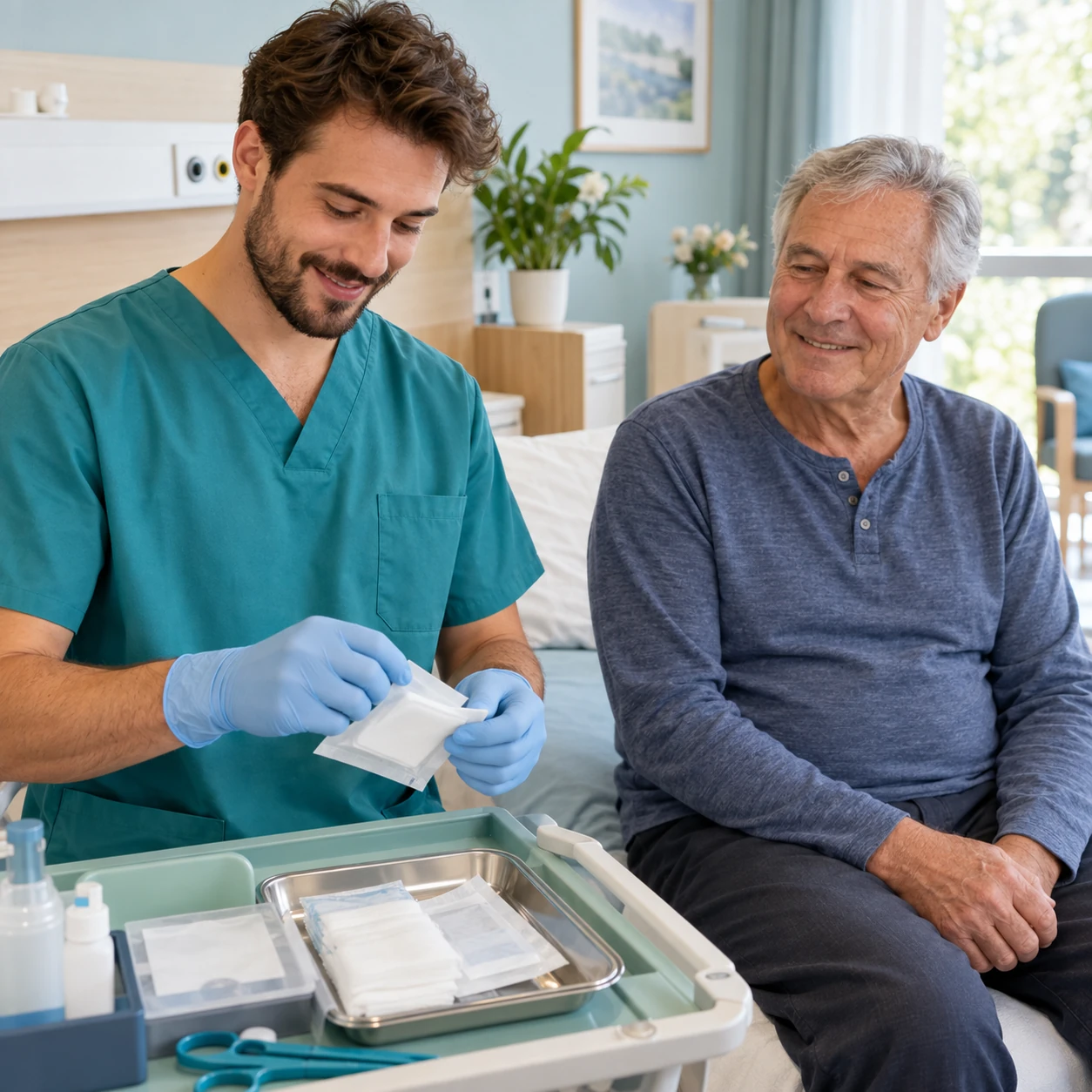 Eine männliche Pflegekraft bereitet Verbandmaterial neben einem älteren Patienten vor.