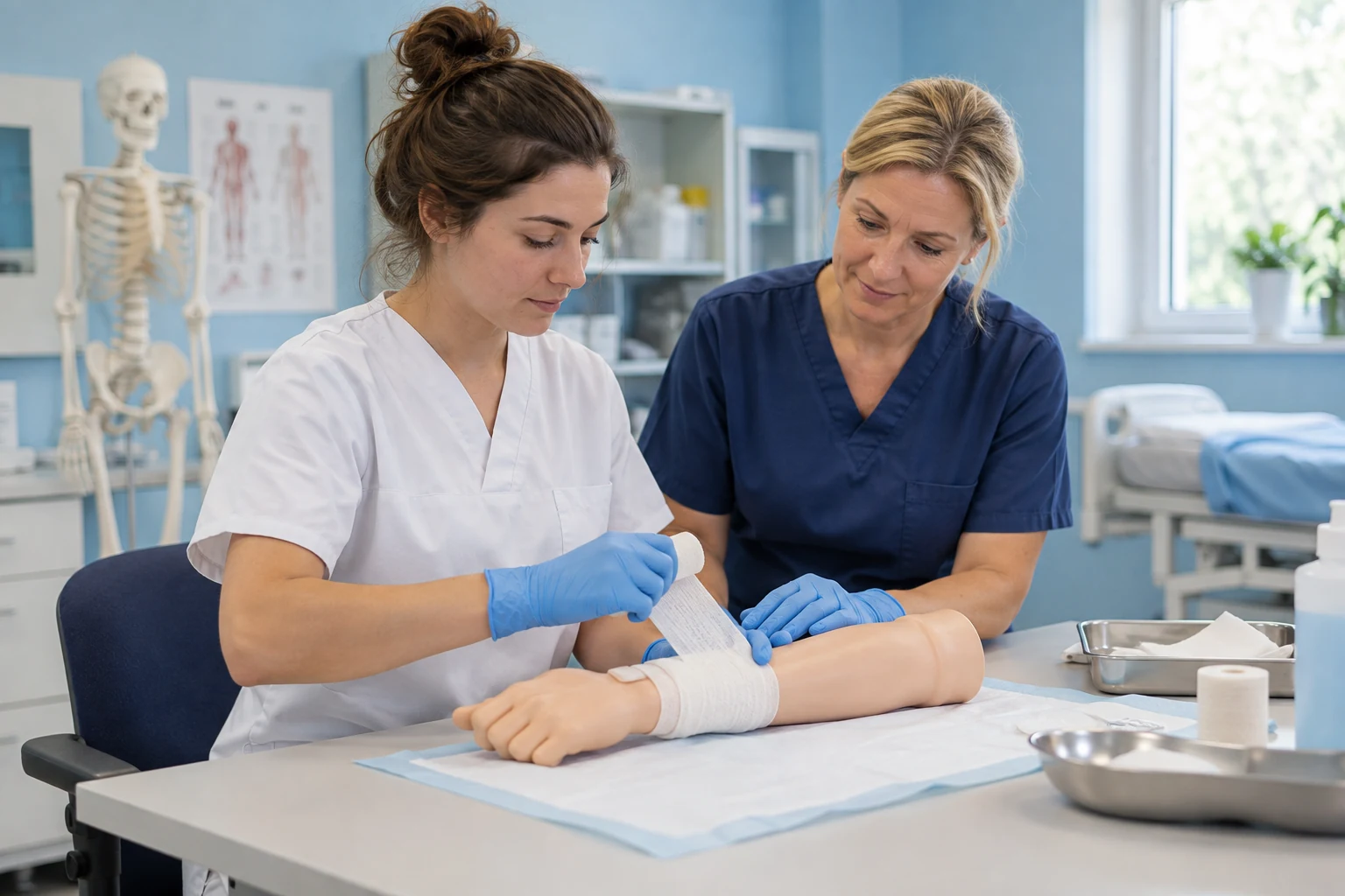 Eine Teilnehmerin übt unter Anleitung einen Verband an einem künstlichen Trainingsarm.