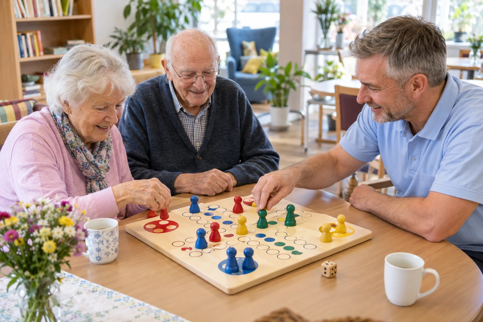 Eine Betreuungskraft spielt mit älteren Menschen ein Brettspiel.