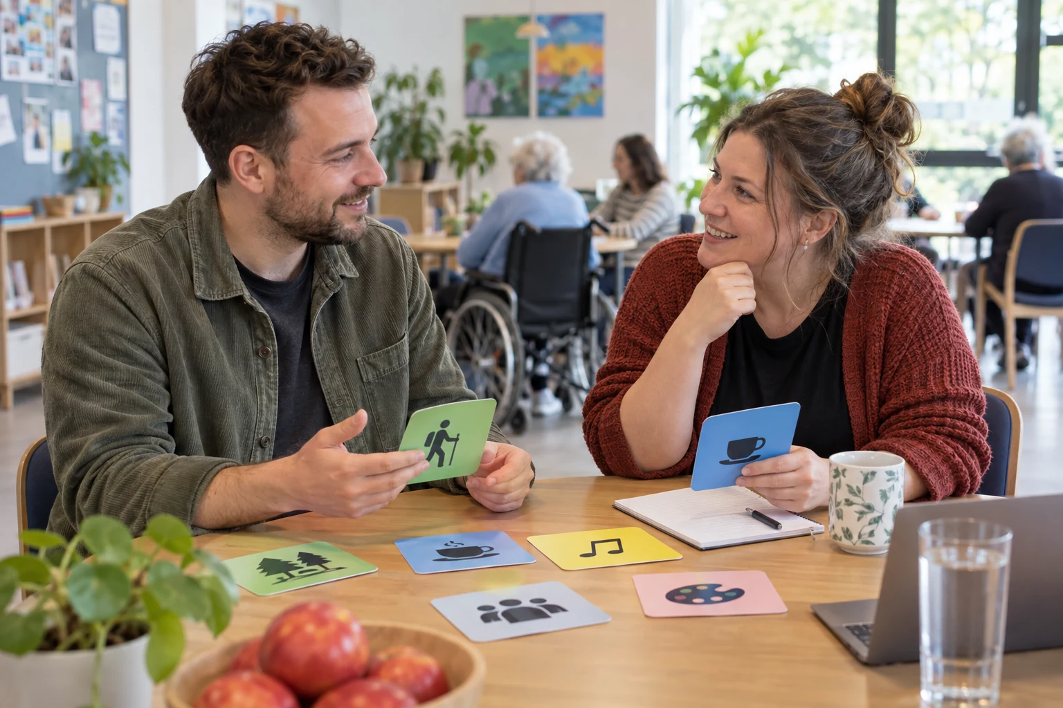 Zwei Fachkräfte planen mit Aktivitätskarten ein Gruppenangebot.