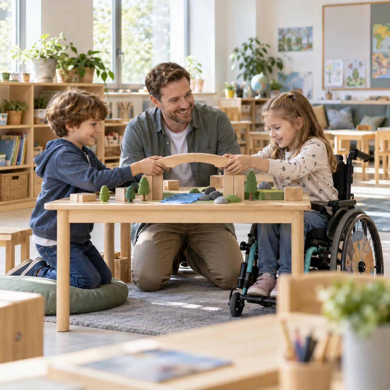 Ein Inklusionsbegleiter unterstützt zwei Kinder, eines im Rollstuhl, beim gemeinsamen Bauen einer Holzbrücke.