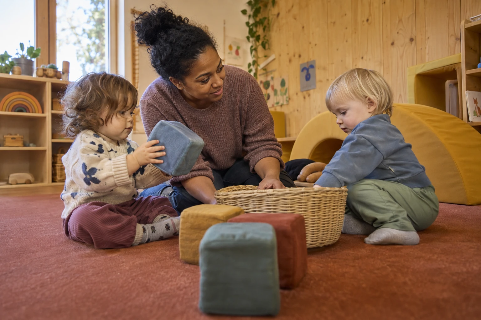 Eine Krippenpädagogin begleitet zwei Kleinkinder beim Entdecken großer Stoffwürfel auf einer Spielmatte.
