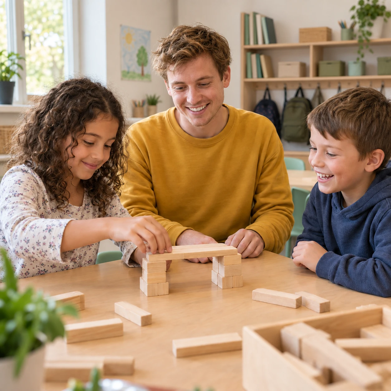 Ein Ganztagsbegleiter unterstützt zwei Schulkinder beim gemeinsamen Bauen einer Holzbrücke.