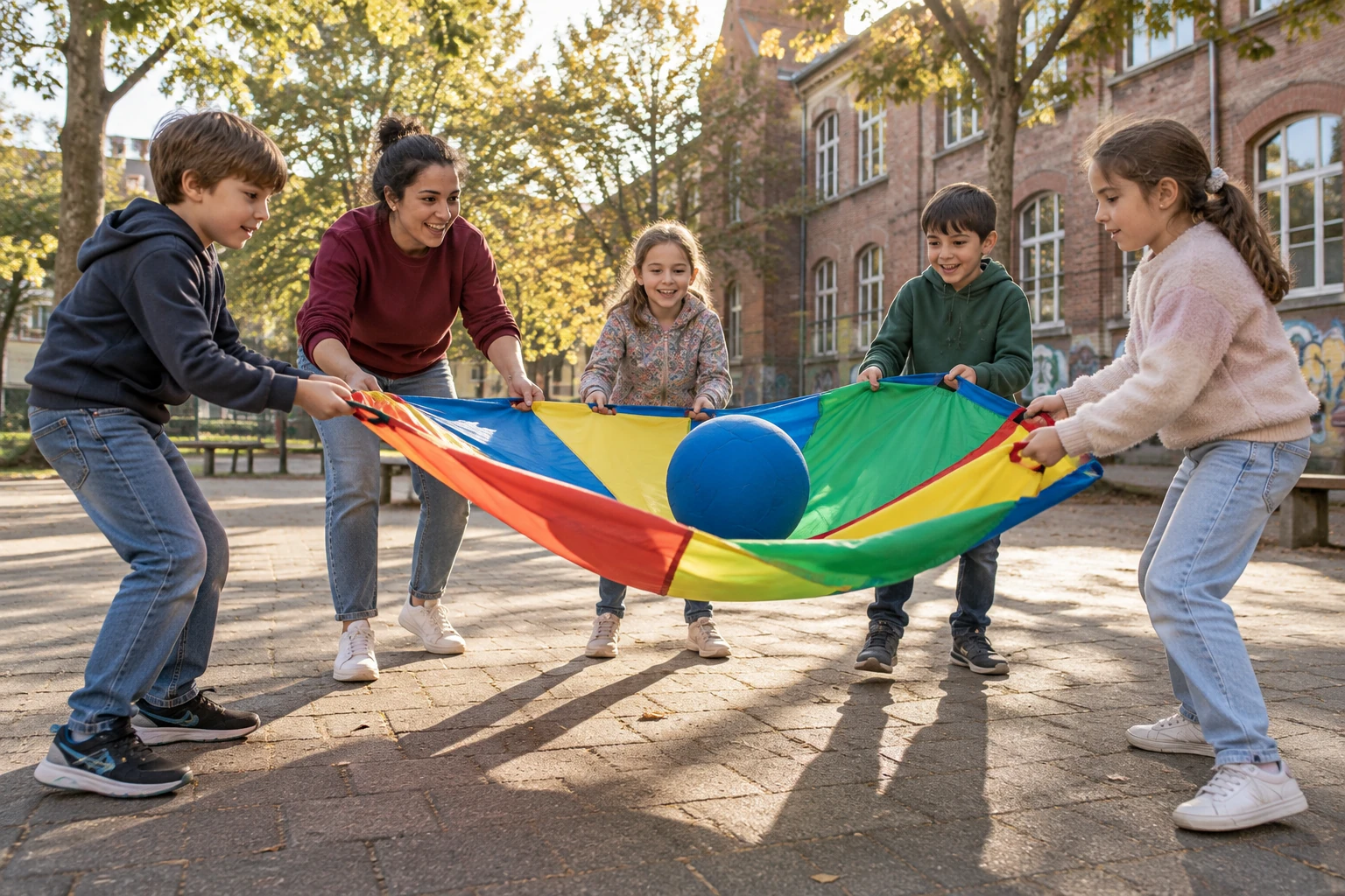 Eine Ganztagspädagogin begleitet vier Schulkinder bei einem gemeinsamen Bewegungsspiel auf dem Schulhof.