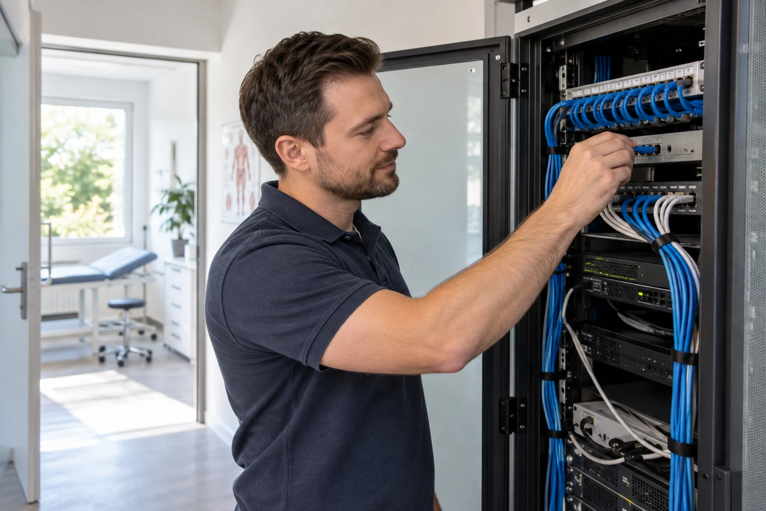 Ein IT-Mitarbeiter prüft Netzwerkverbindungen einer Gesundheitseinrichtung.