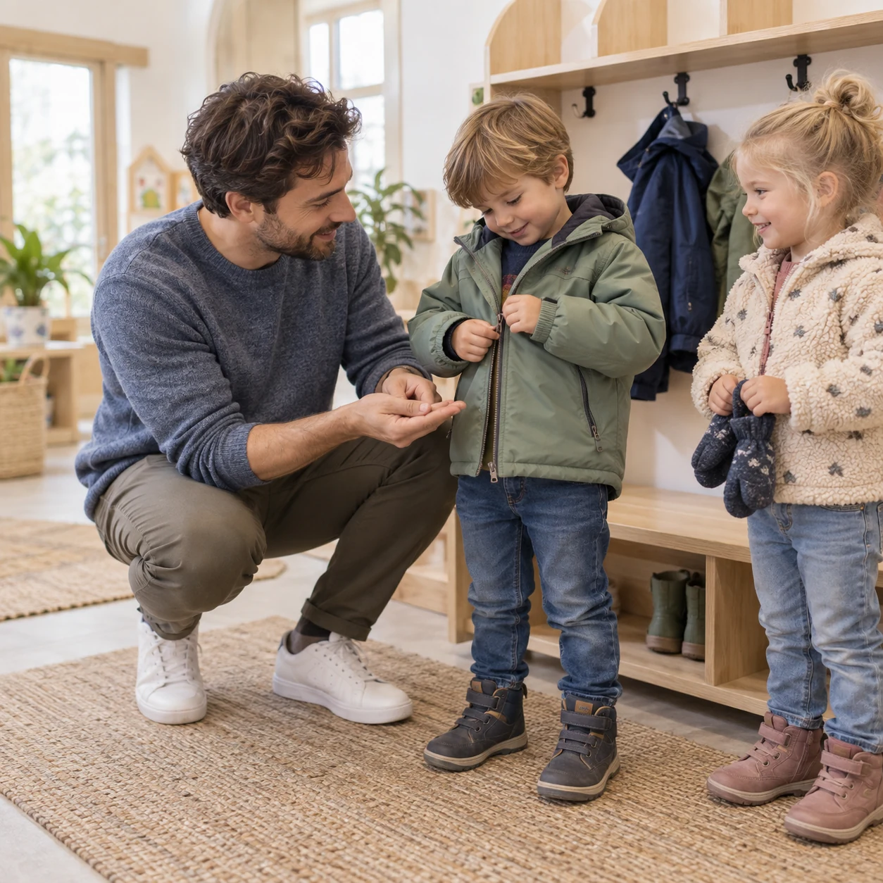 Ein Kita-Assistent ermutigt ein Kind, seine Jacke in der Garderobe selbst zu schließen.