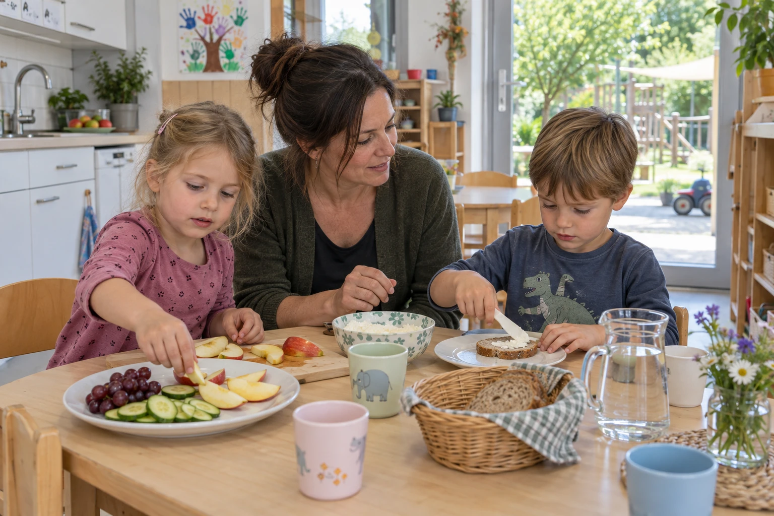 Eine Kita-Assistenz begleitet zwei Kinder beim gemeinsamen Vorbereiten einer Zwischenmahlzeit.