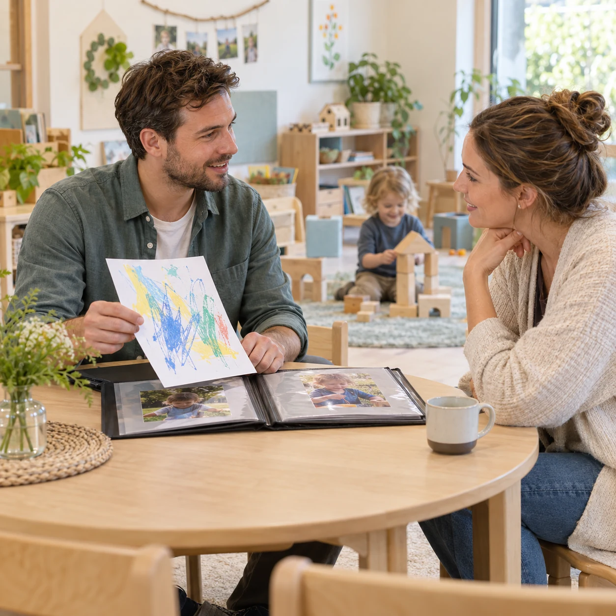 Ein pädagogischer Mitarbeiter bespricht mit einer Mutter die Entwicklung ihres Kindes anhand eines Bildportfolios.
