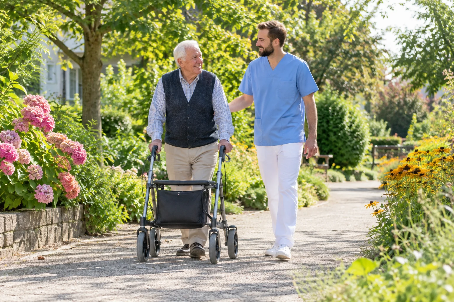 Ein Pflegeassistent begleitet einen älteren Mann mit Rollator im Garten.