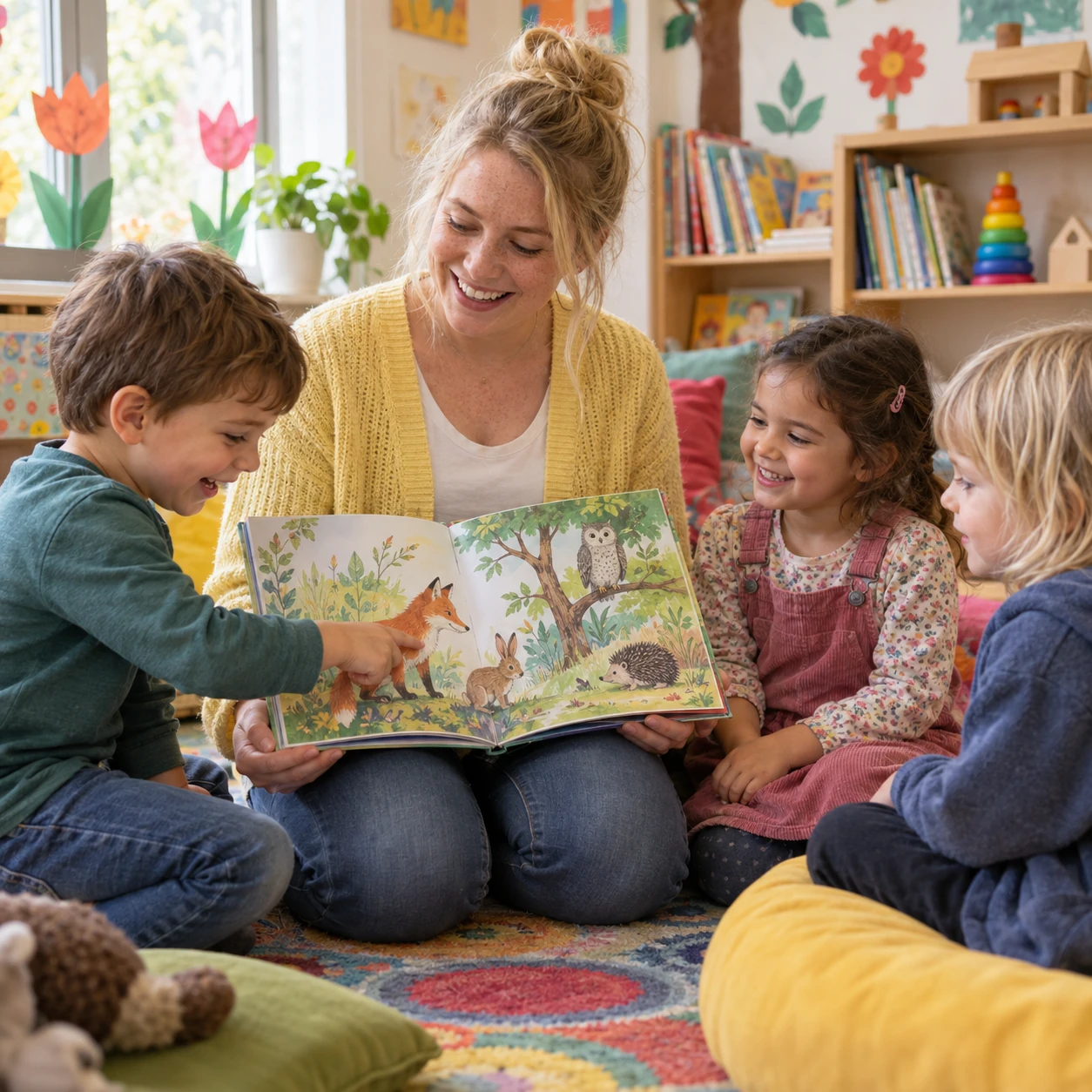 Eine pädagogische Assistenzkraft betrachtet mit drei Kindern ein Bilderbuch.